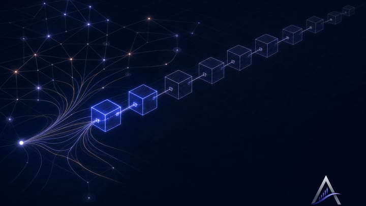 Imagen abstracta de líneas luminosas que se ramifican desde un único punto de partida y convergen en un solo camino ordenado sobre fondo oscuro.