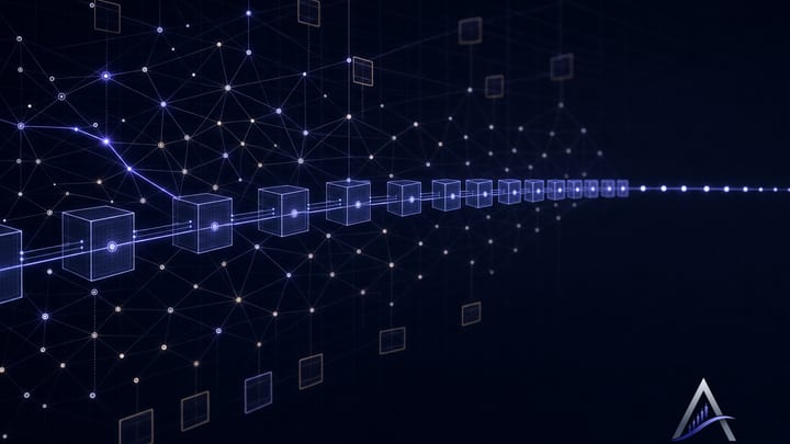 Réseau abstrait de nœuds lumineux reliés par de fins fils, qui se stabilise peu à peu en une ligne droite de points régulièrement espacés sur un fond bleu profond.