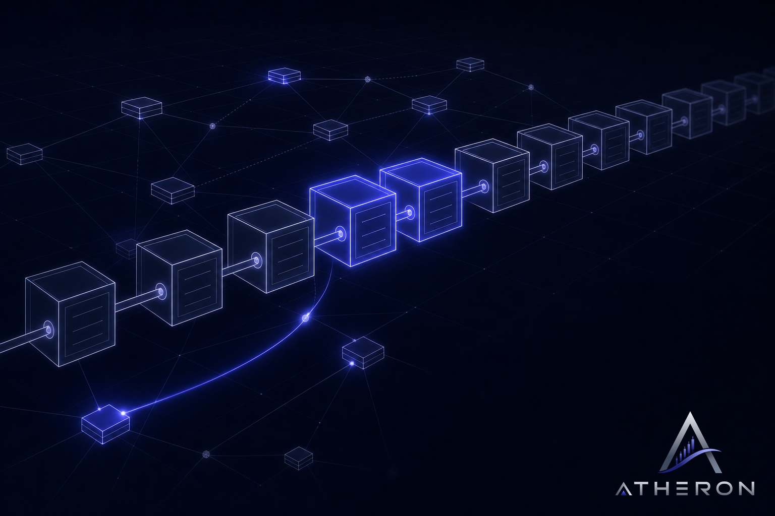 Abstract lattice of glowing translucent cubes with a single thread of light winding through the layers.
